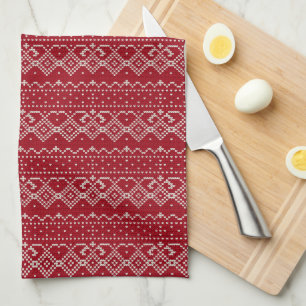 Festive Red and White Scandinavian Knit Pattern  Kitchen Towel