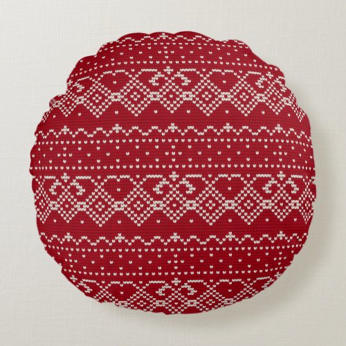Festive Red and White Scandinavian Knit Pattern  Round Pillow