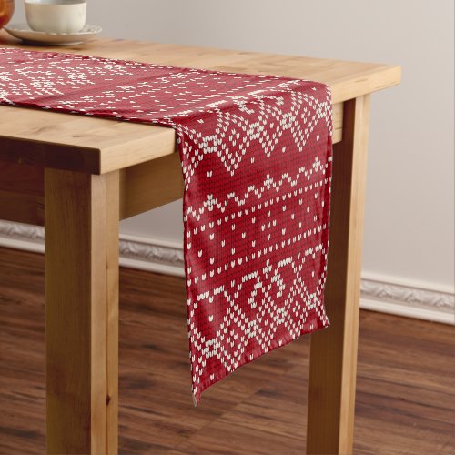 Festive Red and White Scandinavian Knit Pattern  Short Table Runner