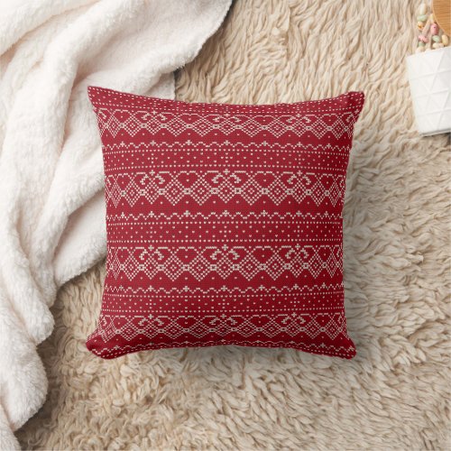 Festive Red and White Scandinavian Knit Pattern Throw Pillow