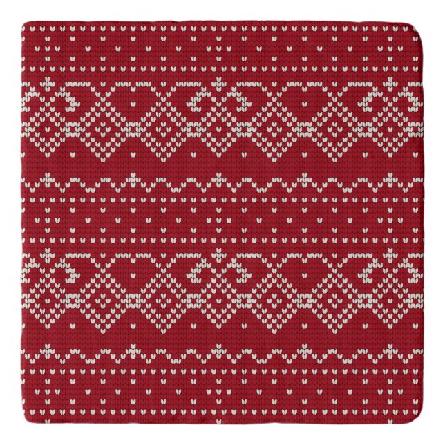 Festive Red and White Scandinavian Knit Pattern Trivet (Front)