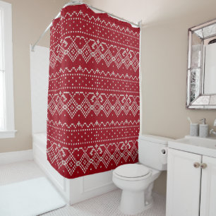 Festive Red and White Scandinavian Knit  Shower Curtain