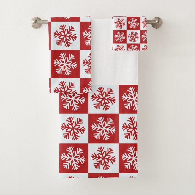 Festive Red and White Snowflake Christmas Pattern Bath Towel Set (Insitu)