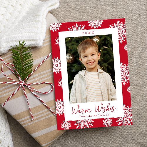 Festive Red and White Snowflakes Photo Holiday Card