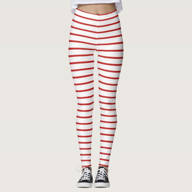 Festive Red and White Striped Leggings (Front)