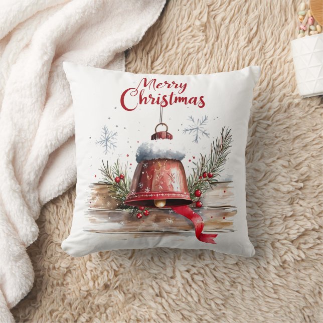 Festive Red Bell "Merry Christmas" Throw Pillow (Blanket)