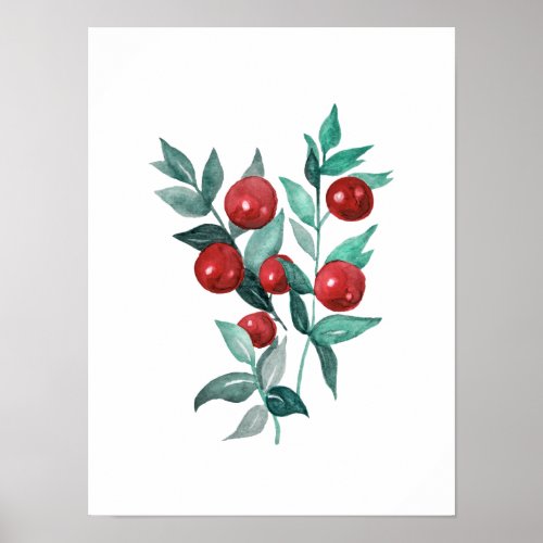 Festive Red Berries Watercolor Artwork Poster