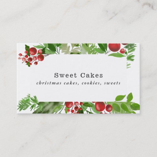 Festive Red Berry Holly Leaves Christmas Bakery Business Card