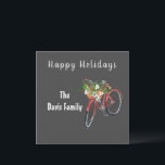Festive Red Bike Holiday Flat Card<br><div class="desc">Festive holiday design features red bicycle watercolor illustration with a basket full of Winter greenery and seasonal decorations.  Customizable greeting and personalization in very light gray font on chalkboard gray background.</div>