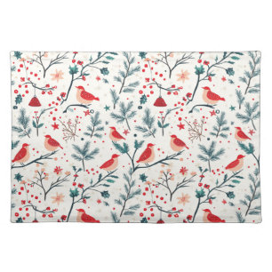 Festive Red Bird and Green Branch Pattern Cloth Placemat