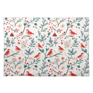 Festive Red Bird and Green Branch Pattern Cloth Placemat