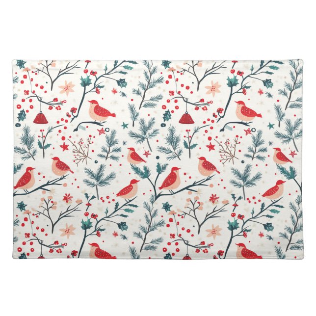Festive Red Bird and Green Branch Pattern Cloth Placemat (Front)