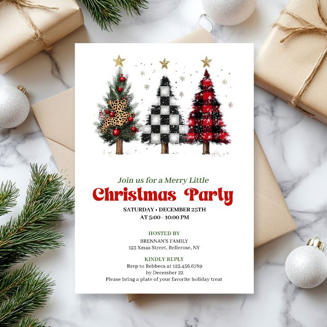 Festive red black buffalo Christmas tree invites (Festive red black buffalo Christmas tree invitation)