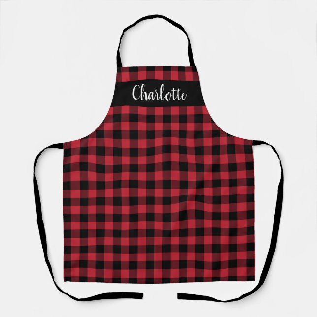 Festive Red Black Buffalo Plaid Monogram Apron (Front)