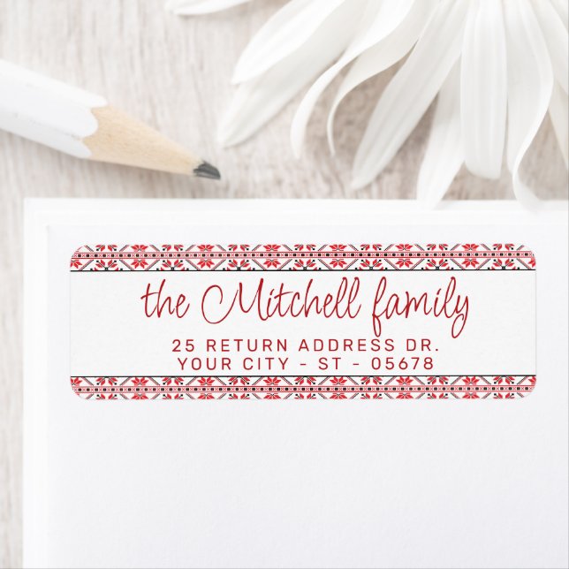 Festive Red Black Classic Nordic Fair Isle Motif Label (Insitu)