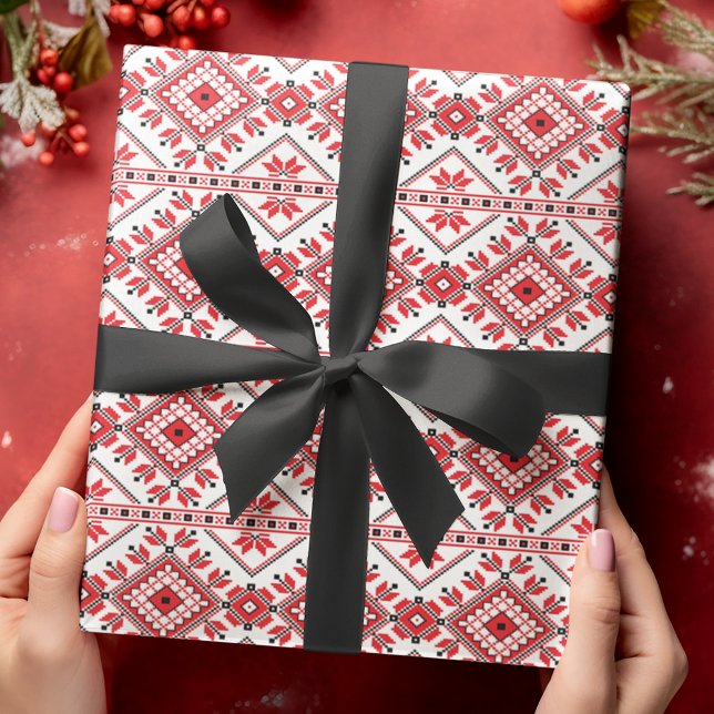Festive Red Black Classic Nordic Fair Isle Motif Wrapping Paper (Creator Uploaded)