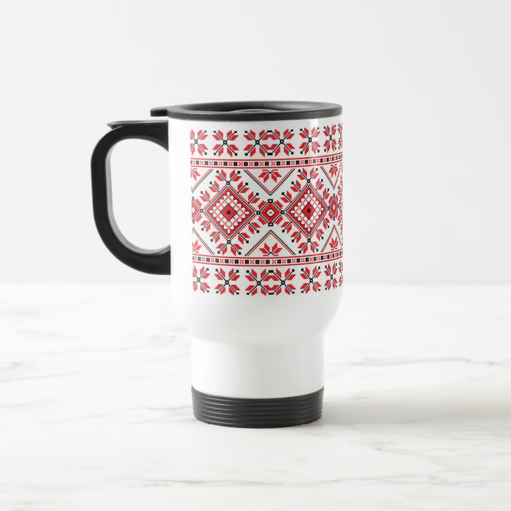 Discover Festive Red Black Fair Isle Snowflake Art Motif Commuter Mug