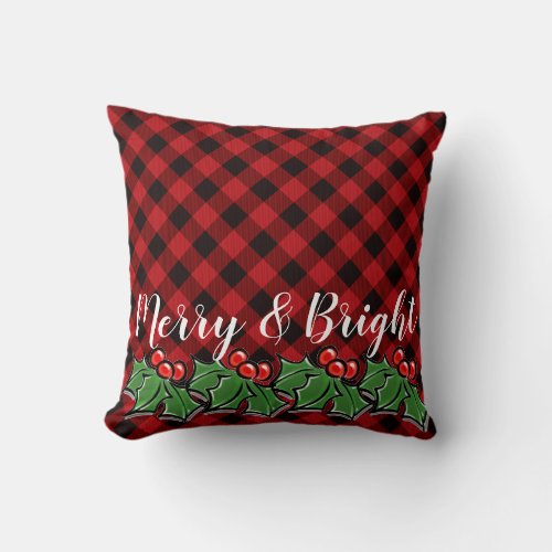 Festive red black plaid holly leaves berries throw pillow