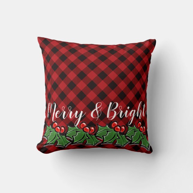 Festive red black plaid holly leaves berries throw pillow (Front)