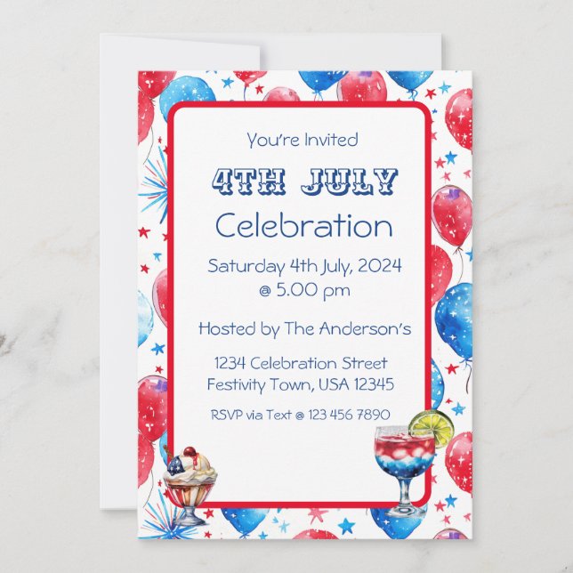 Festive Red Blue Balloons 4th July Invitation Card (Front)