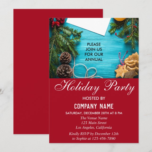 Festive Red & Blue Company Holiday Christmas Party Invitation (Front/Back)