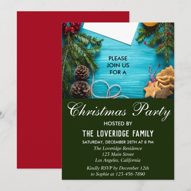 Festive Red, Blue & Green Country Christmas Party Invitation (Front/Back)