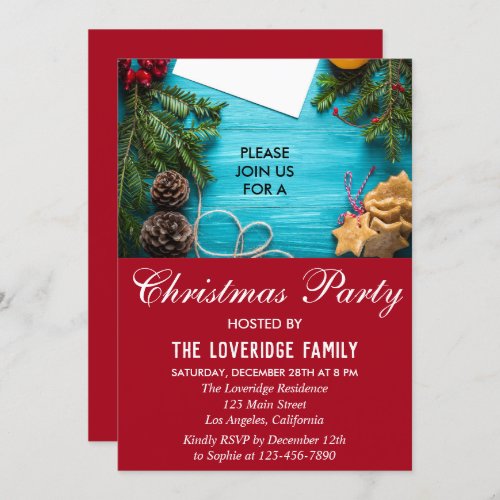 Festive Red  Blue Holiday Country Christmas Party Invitation