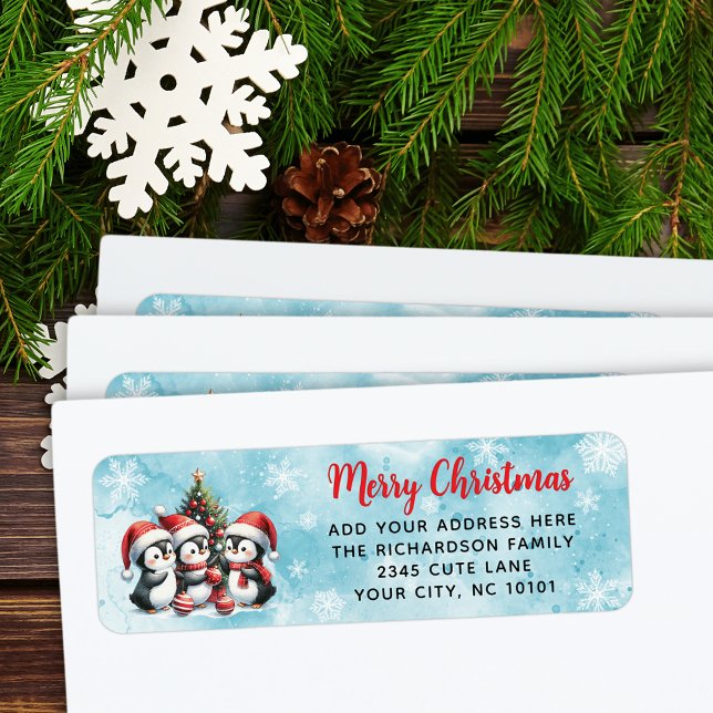 Festive Red Blue Merry Christmas Cute Penguins Label (Creator Uploaded)