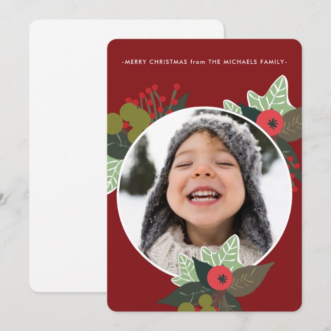 Festive Red Botanical Circle Photo Christmas Holiday Card (Front/Back)