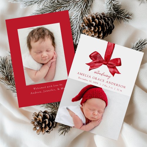 Festive Red Bow 2 Photo Holiday Birth Announcement