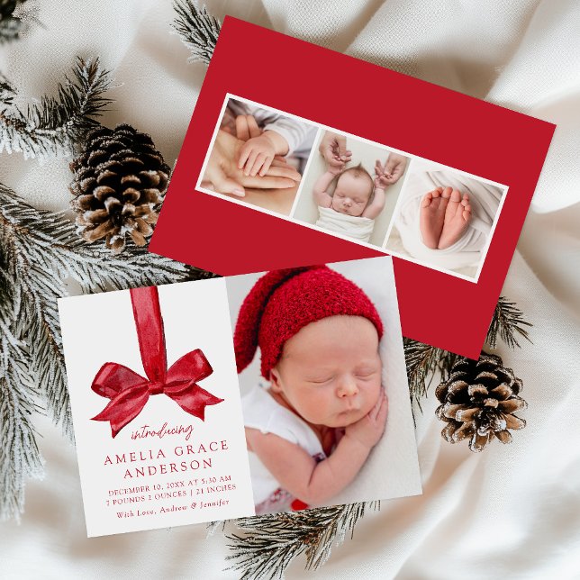 Festive Red Bow 4 Photo Holiday Birth Announcement (Creator Uploaded)