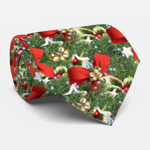 Festive Red Bow and Holly Leaves Christmas Neck Tie