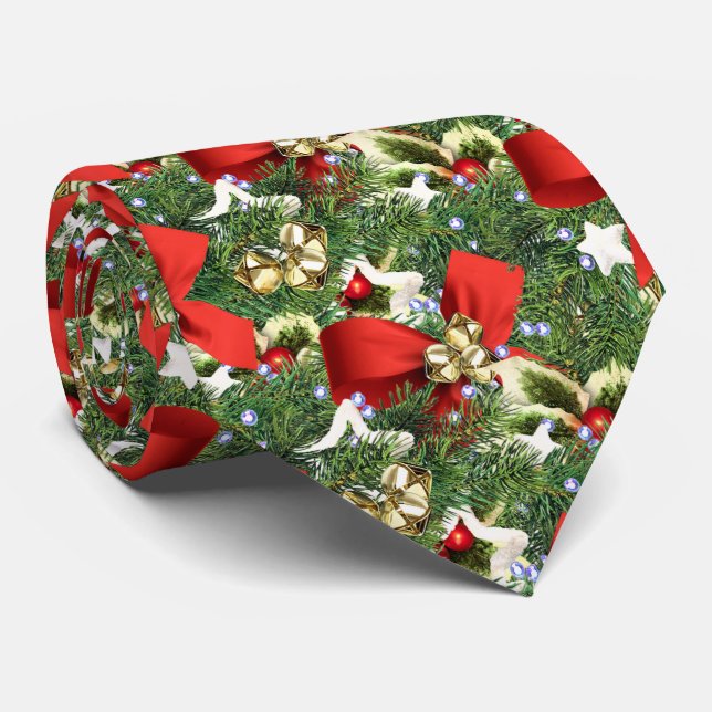 Festive Red Bow and Holly Leaves Christmas  Neck Tie (Rolled)