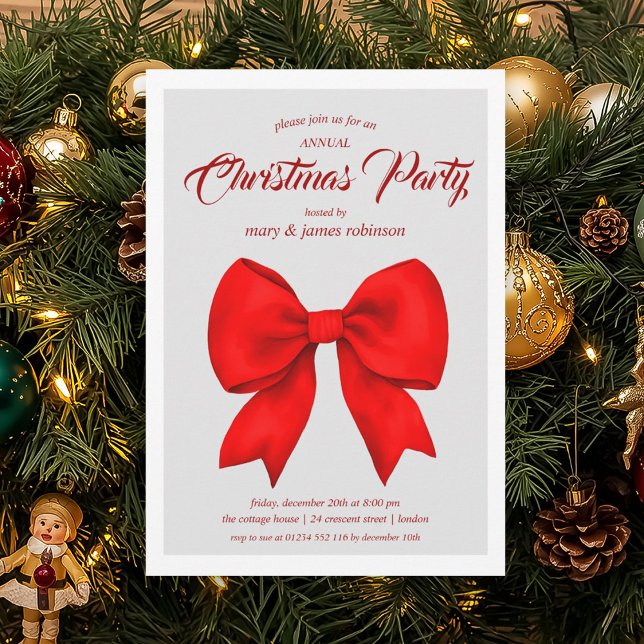 Festive Red Bow Christmas Holiday Party  Invitation (Festive Red Bow Christmas Holiday Party Invitation)