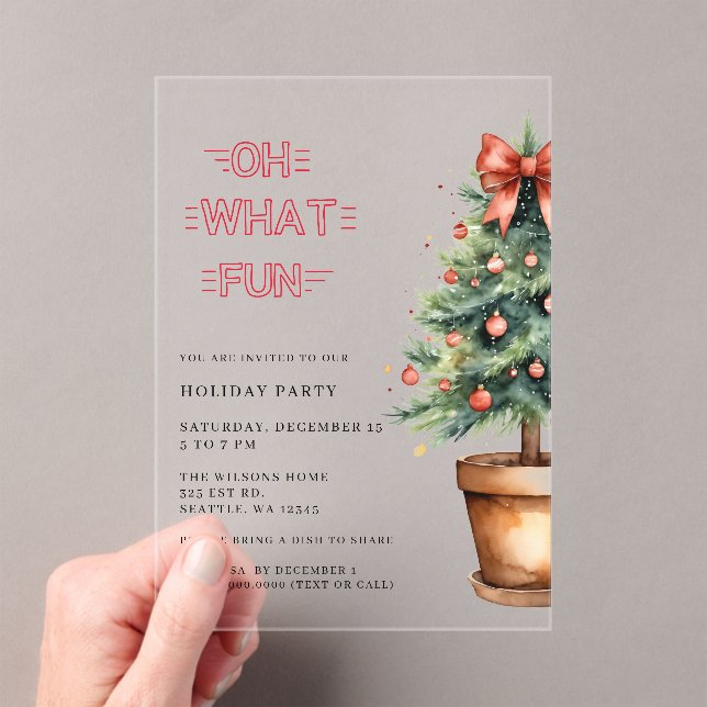 Festive Red Bow Christmas Tree Party Acrylic Invitations (Insitu (Handheld))