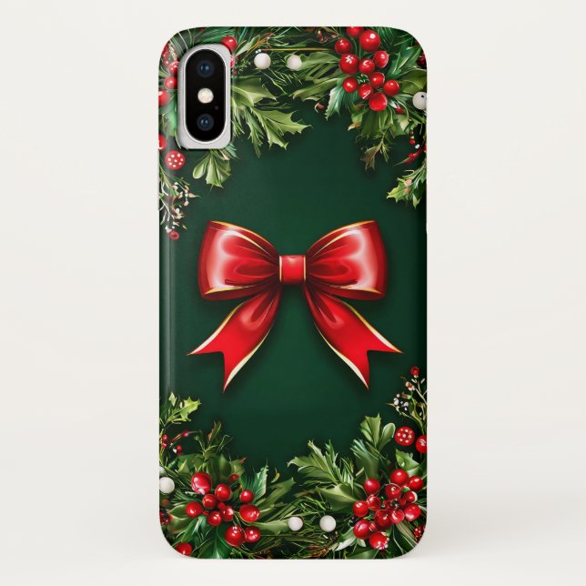 Festive Red Bow With Vibrant Holiday Greenery Case-Mate iPhone Case (Back)