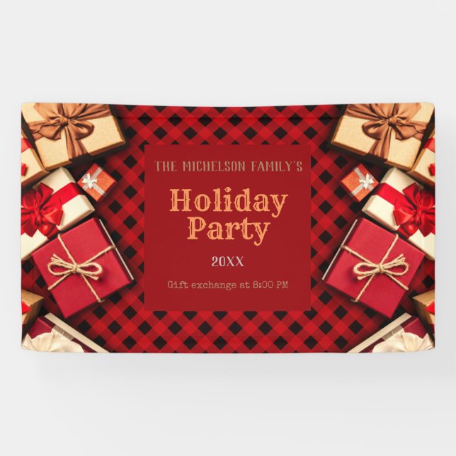 Festive Red Buffalo Check Presents Holiday Party  Banner (Horizontal)