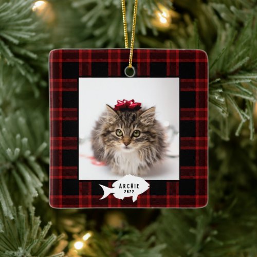 Festive Red Buffalo Plaid Cat Name Christmas Ceramic Ornament