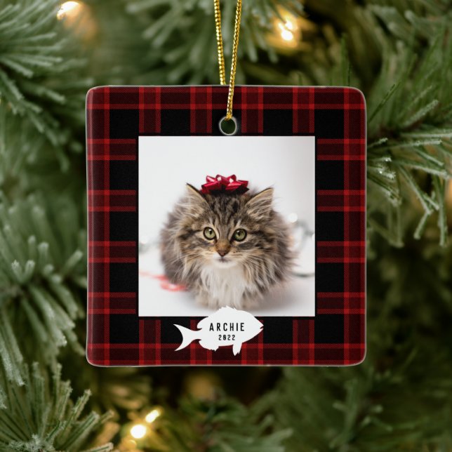 Festive Red Buffalo Plaid Cat Name Christmas Ceramic Ornament (Tree)