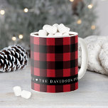 Festive Red Buffalo Plaid Custom Family Monogram Coffee Mug<br><div class="desc">Personalize this festive Christmas coffee or hot cocoa mug with your family name or other custom text.  Design features a festive and stylish modern black and red buffalo check plaid pattern with heart accent.</div>