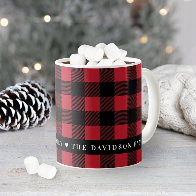 Festive Red Buffalo Plaid Custom Family Monogram Coffee Mug (Creator Uploaded)