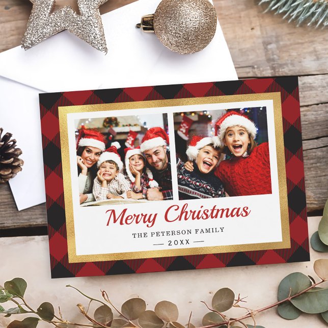 Festive Red Buffalo Plaid Gold Frame Photo Holiday Card (Creator Uploaded)