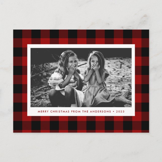 Festive Red Buffalo Plaid Single Photo Christmas Postcard (Front)