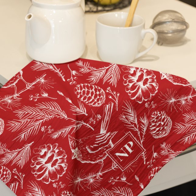 Festive Red Cardinal Bird, Pine and Winter Berries Kitchen Towel (Winter Red Cardinal Bird Pattern Christmas Kitchen Towel. Cardinal Bird, Pine Branches & Pinecones)