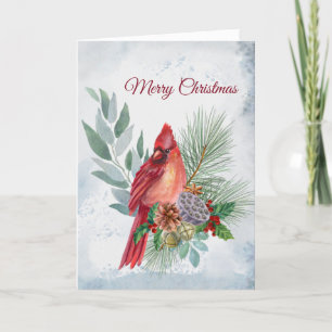 Festive Red Cardinal Floral Christmas Card