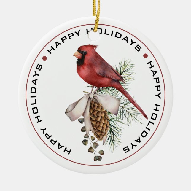 Festive Red Cardinal with Pine Cone Happy Holidays Ceramic Ornament (Front)