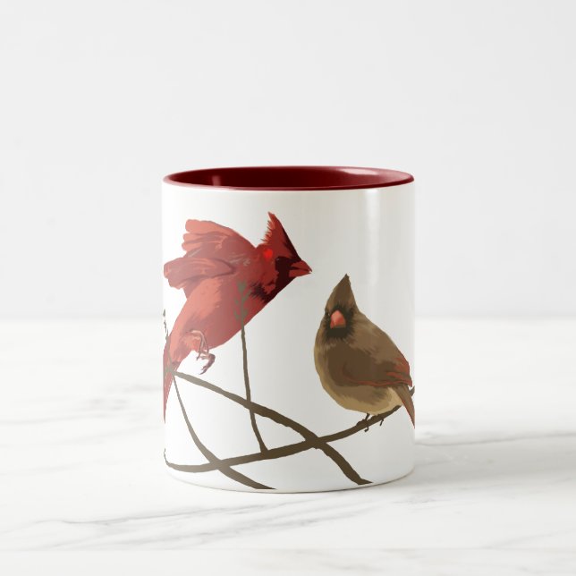 Festive Red Cardinals Two-Tone Coffee Mug (Center)