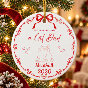 Festive Red Cat Dad Custom Name & Year Ceramic Ornament