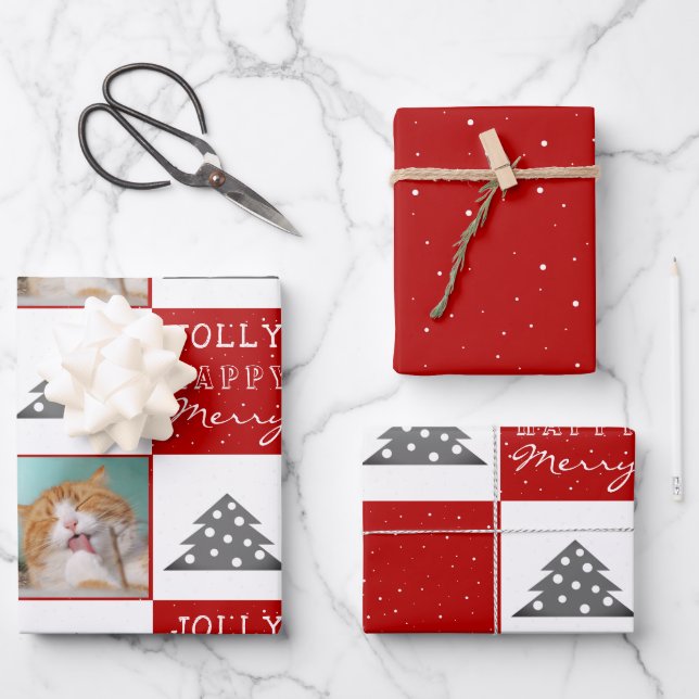 Festive Red Cat Photo Christmas Tree Wrapping Paper Sheets (Front)