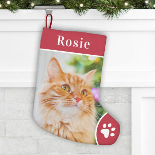 Festive Red Cat Photo Name Paw Print Small Christmas Stocking